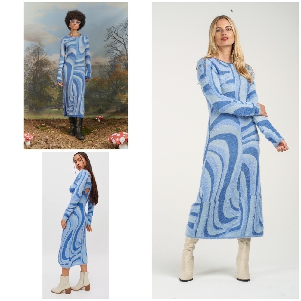NWT House Of Sunny Swirl Mod Blue Moon Cut Out Back Retro Sweater Midi Dress 6